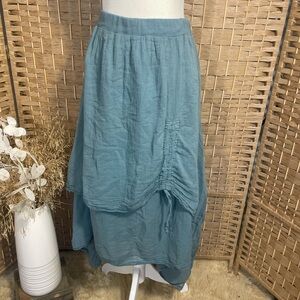Tiered Ruched Teal Green Blue Cotton Gauze Midi Skirt Acqua and Limone